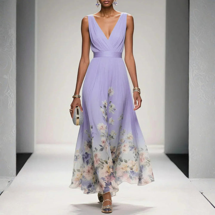 Lyralora | Women's Elegant Maxi Formal Dress Navy Blue Floral Chiffon V-Neck for — Purple