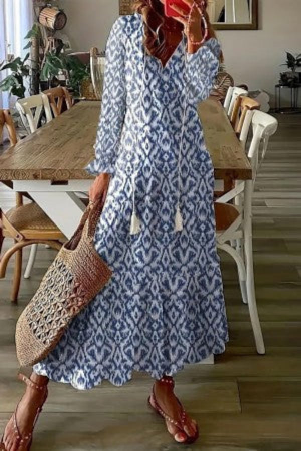 Maephine | Women's Floral Tiered Maxi Dress with Relaxed Fit and Romantic Flowing Silhouette — Blue