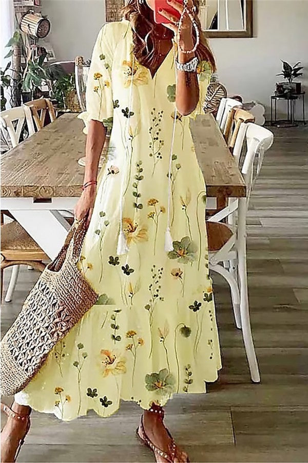 Maephine | Women's Floral Tiered Maxi Dress with Relaxed Fit and Romantic Flowing Silhouette — Yellow