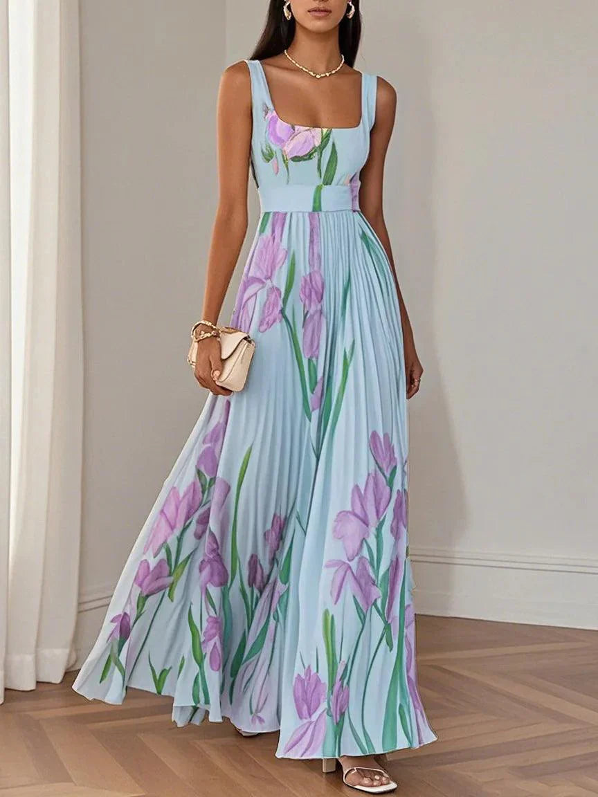 Marenaria | Women's Floral Pleated Maxi Dress with Square Neckline — Blue