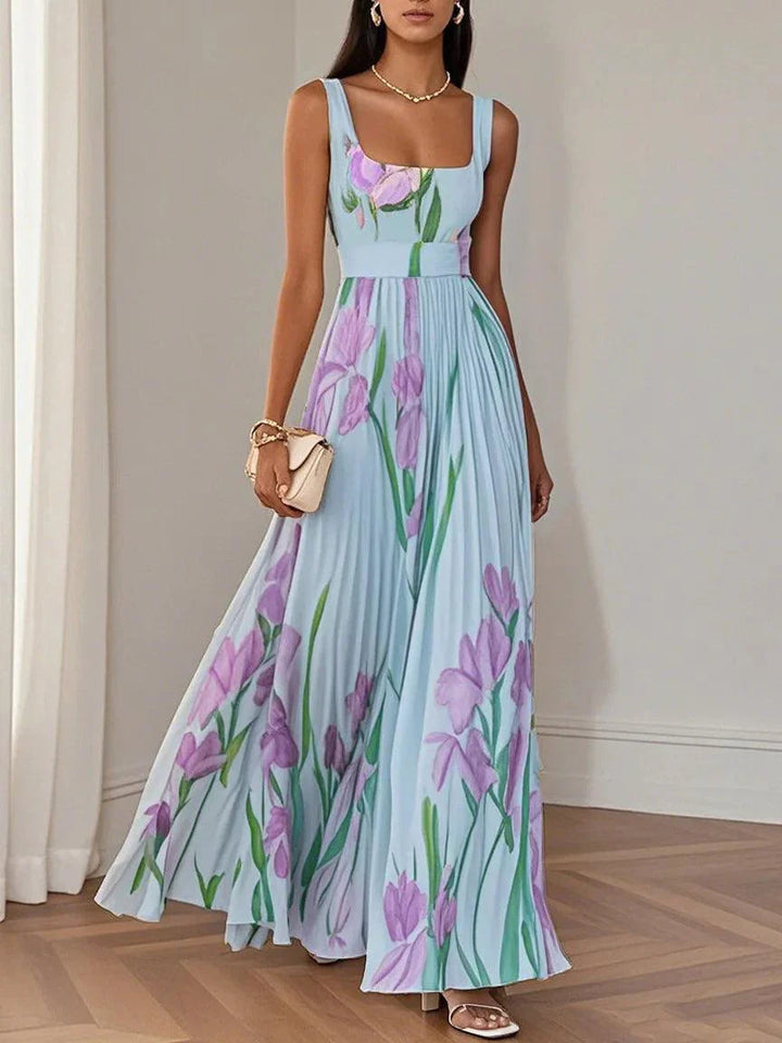 Marenaria | Women's Floral Pleated Maxi Dress with Square Neckline — Blue