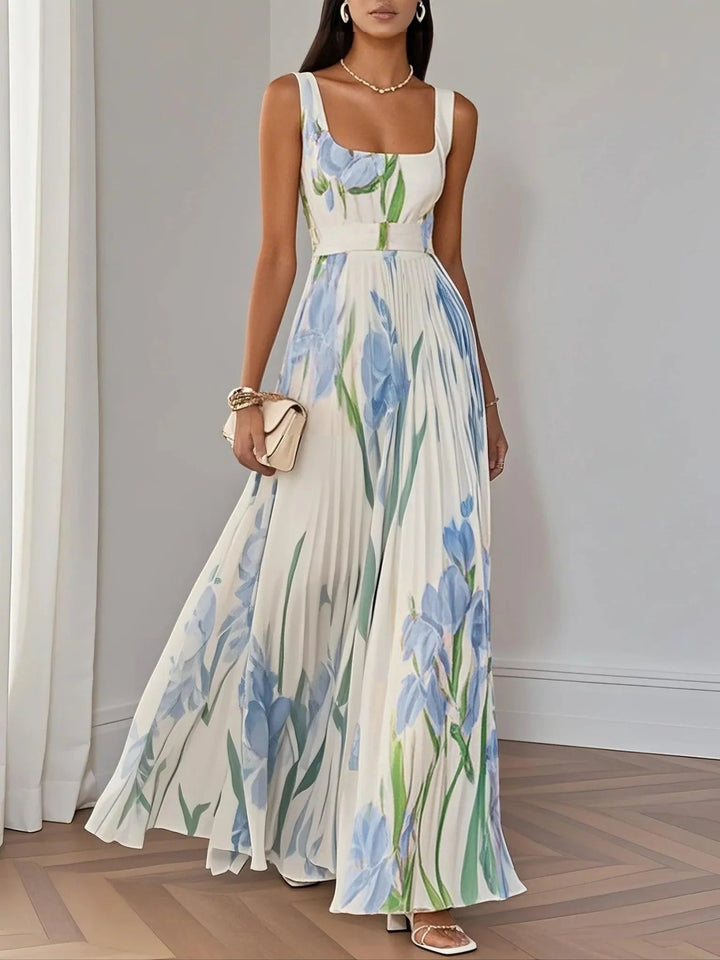 Marenaria | Women's Floral Pleated Maxi Dress with Square Neckline — 2