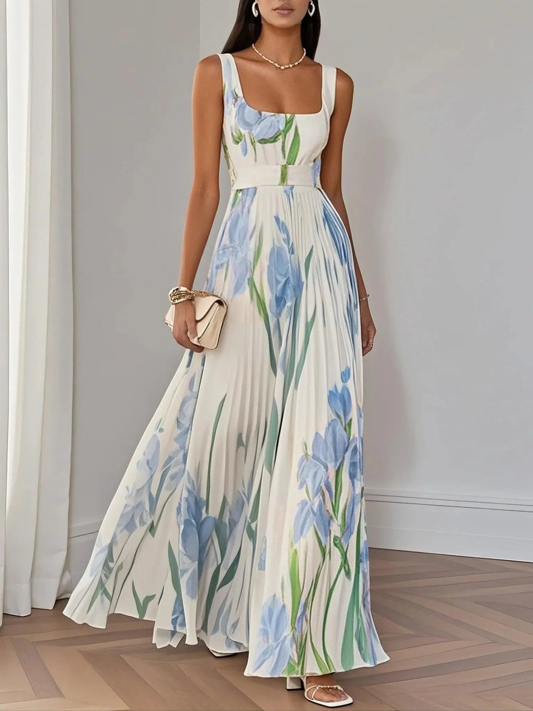 Marenaria | Women's Floral Pleated Maxi Dress with Square Neckline — Light Blue