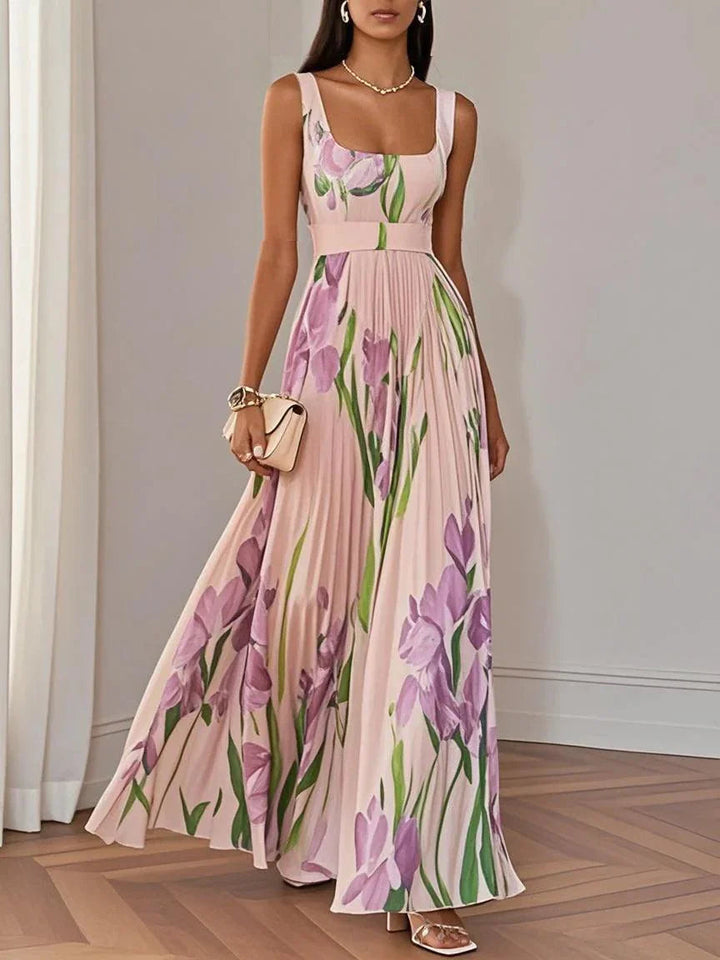 Marenaria | Women's Floral Pleated Maxi Dress with Square Neckline — Pink