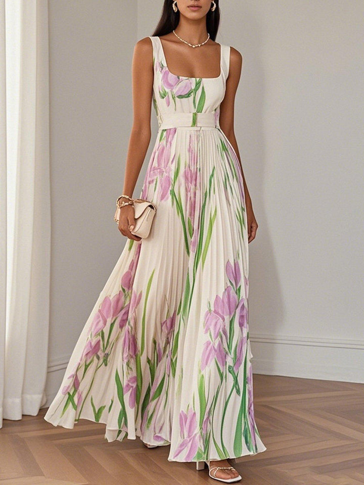Marenaria | Women's Floral Pleated Maxi Dress with Square Neckline — White
