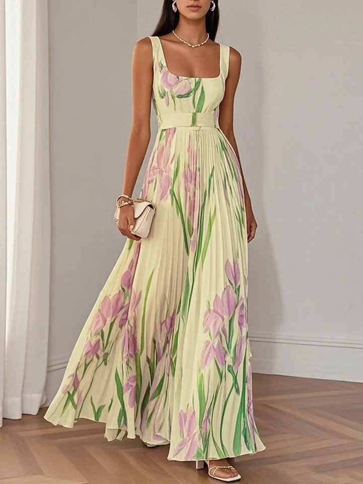 Marenaria | Women's Floral Pleated Maxi Dress with Square Neckline — Yellow