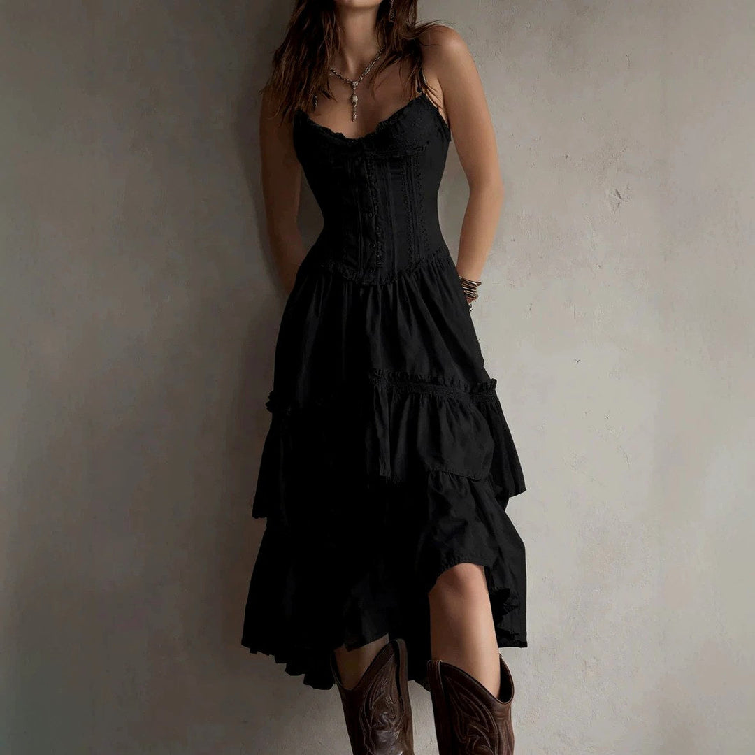 Marendessa | Women's Elegant Lace-Trim Corset Midi Ruffle Dress — Black