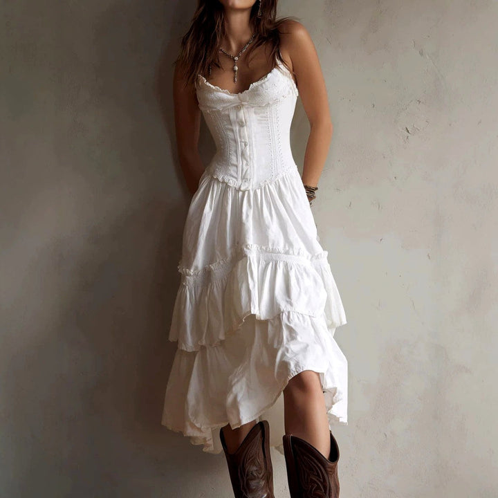 Marendessa | Women's Elegant Lace-Trim Corset Midi Ruffle Dress — 1