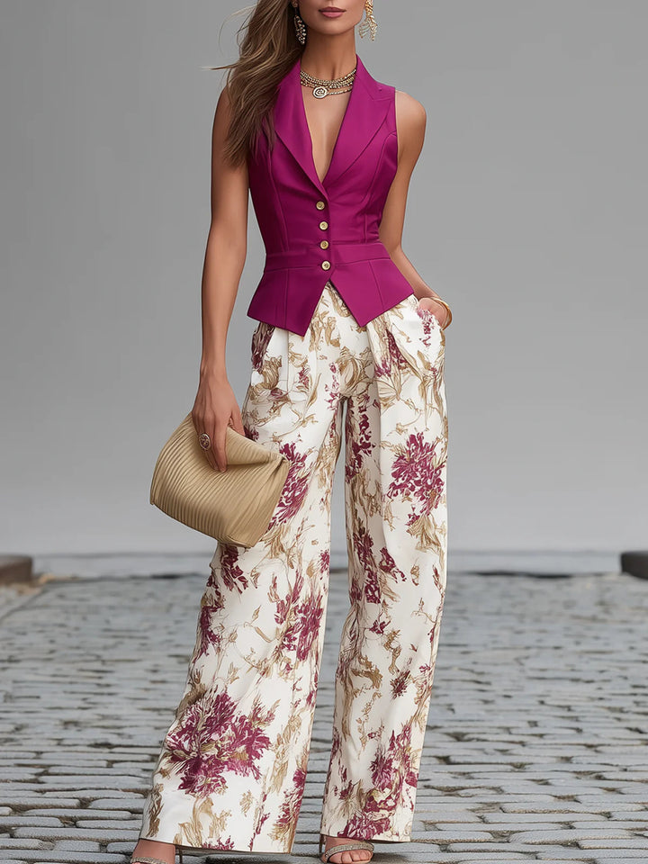 Marennova | Sleeveless Vest & Floral Wide Leg Pants Matching Set