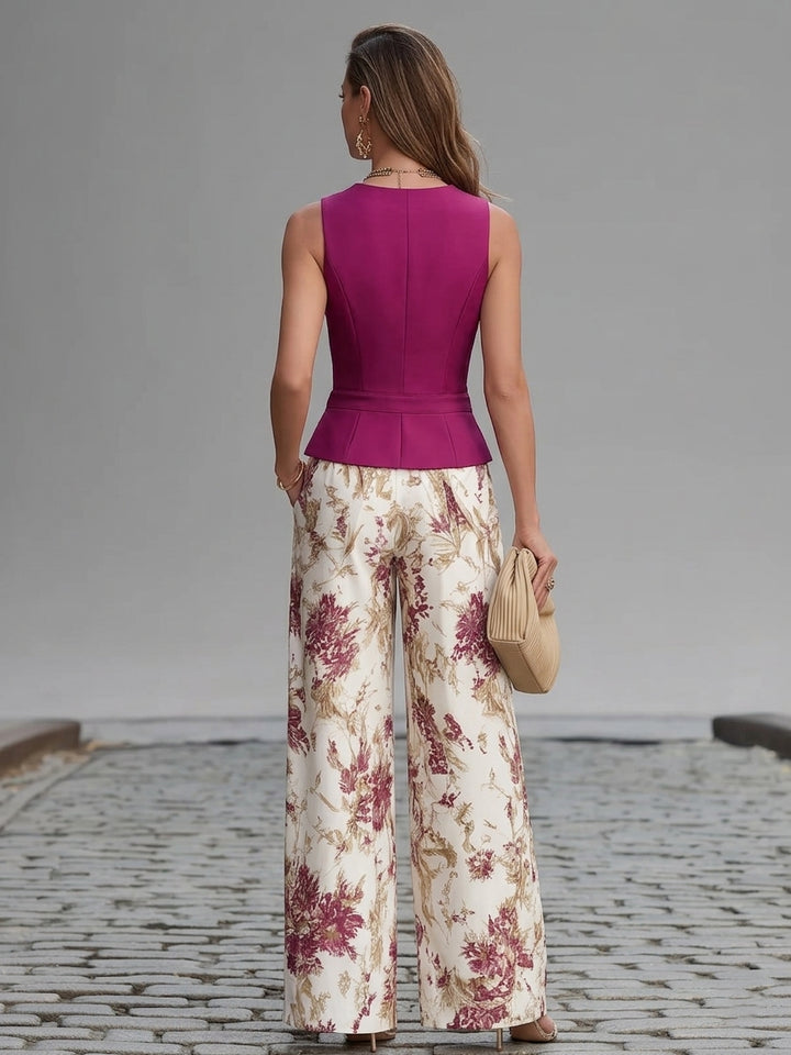 Marennova | Sleeveless Vest & Floral Wide Leg Pants Matching Set