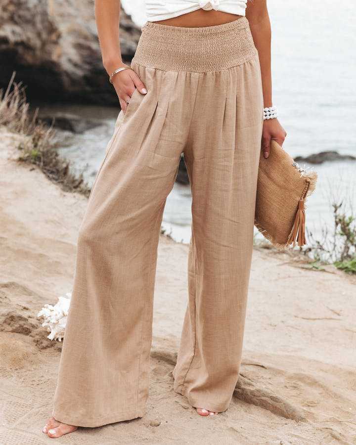 Marenphine | Women's Linen Wide-Leg Pants with Pockets | Flowy Trousers — Beige