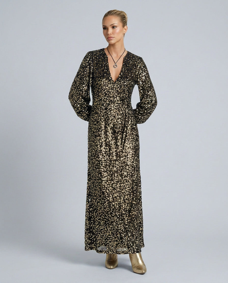 Marisol | Women's Wedding Guest Elegant Sequin Maxi Party Dress with V-Neck Dresses — 1