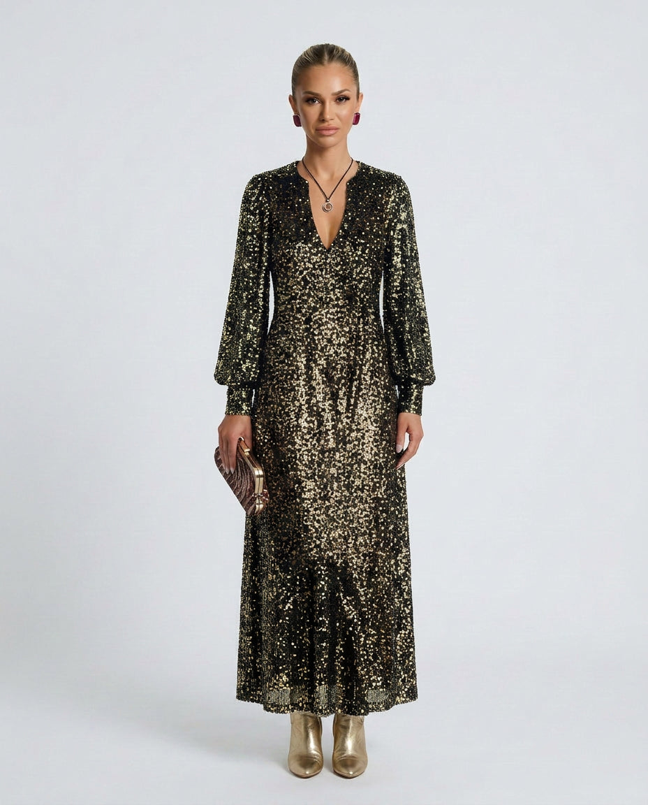 Marisol | Women's Wedding Guest Elegant Sequin Maxi Party Dress with V-Neck Dresses — 2