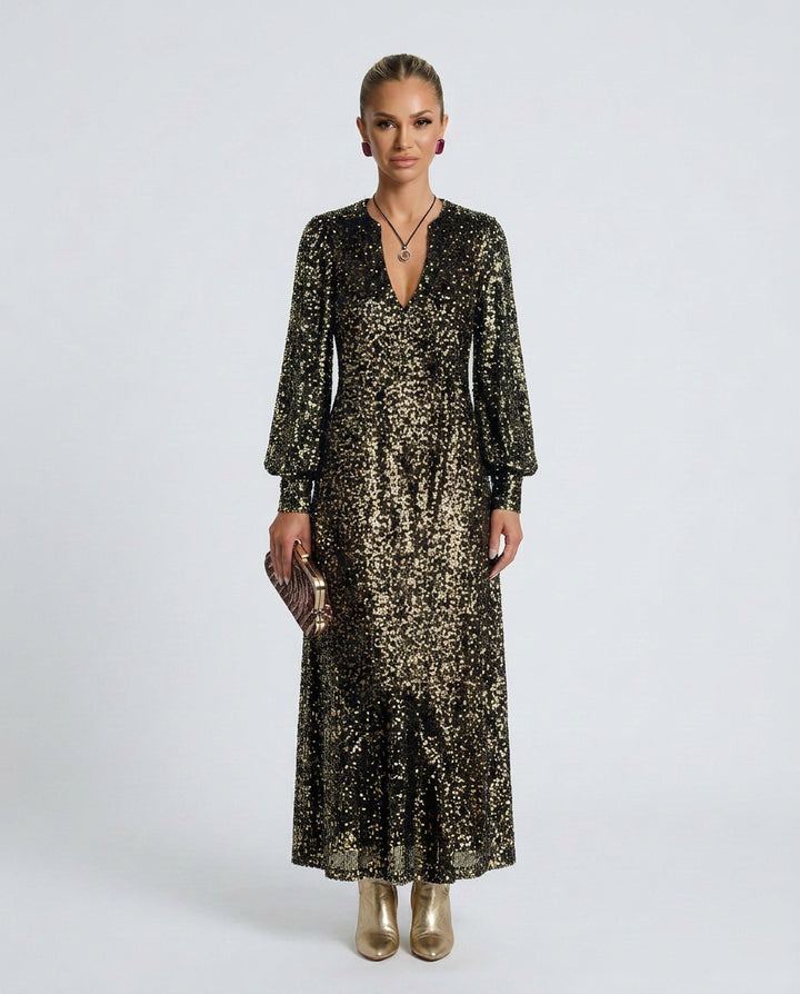 Marisol | Women's Wedding Guest Elegant Sequin Maxi Party Dress with V-Neck Dresses — 2