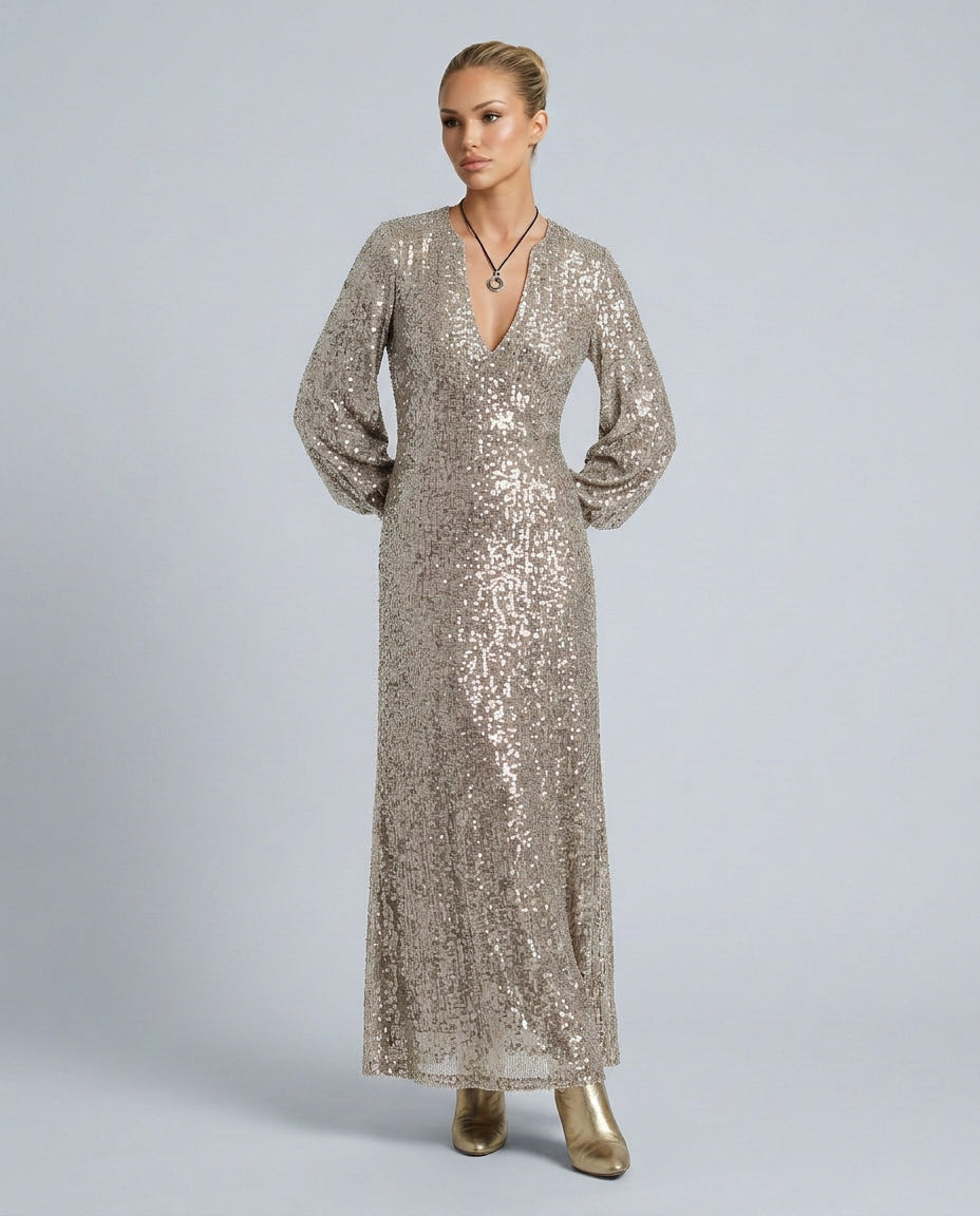 Marisol | Women's Wedding Guest Elegant Sequin Maxi Party Dress with V-Neck Dresses — 3