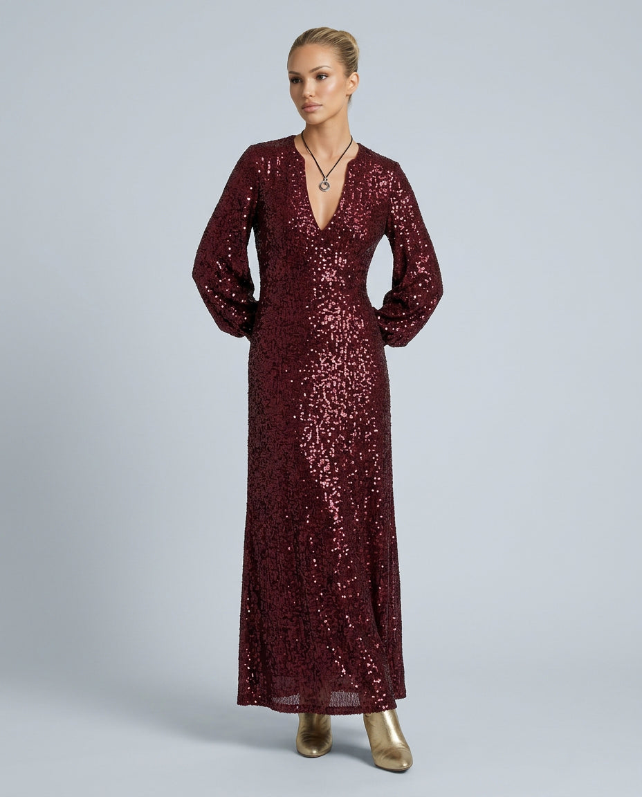Marisol | Women's Wedding Guest Elegant Sequin Maxi Party Dress with V-Neck Dresses — Wine Red