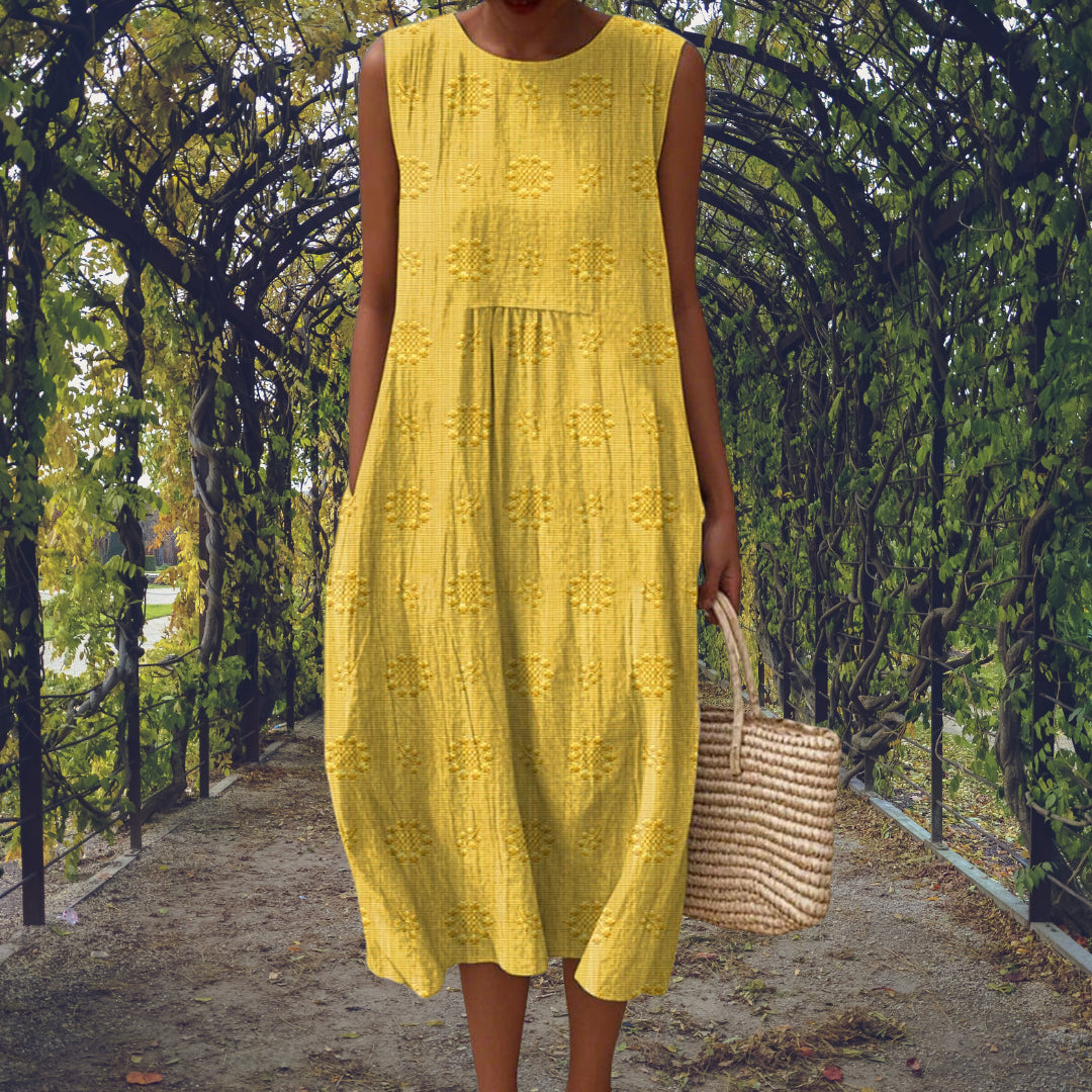 Marlonova | Women's Sleeveless Midi Dress with Relaxed Comfortable Fit — Yellow