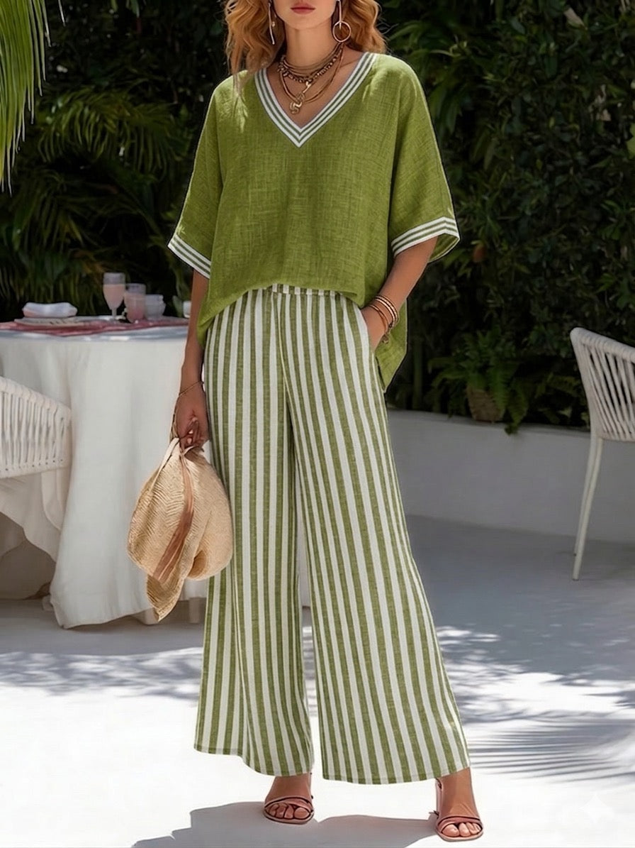 Miraetta | Women's Wide-Leg Linen Striped V-Neck Top Wide Leg Pants Set — Dark Green