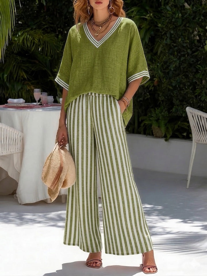 Miraetta | Women's Wide-Leg Linen Striped V-Neck Top Wide Leg Pants Set — Dark Green