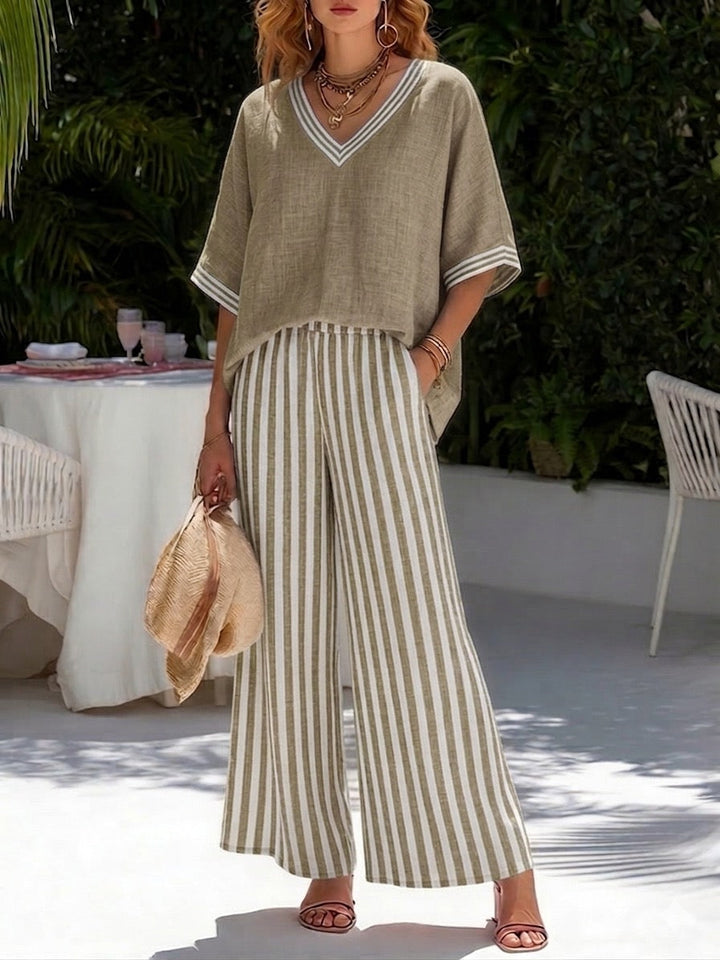 Miraetta | Women's Wide-Leg Linen Striped V-Neck Top Wide Leg Pants Set — Khaki