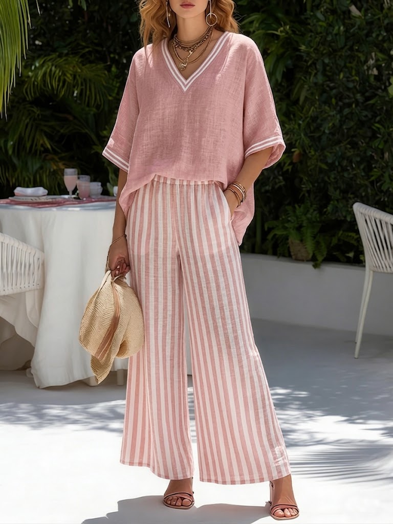 Miraetta | Women's Wide-Leg Linen Striped V-Neck Top Wide Leg Pants Set — Pink