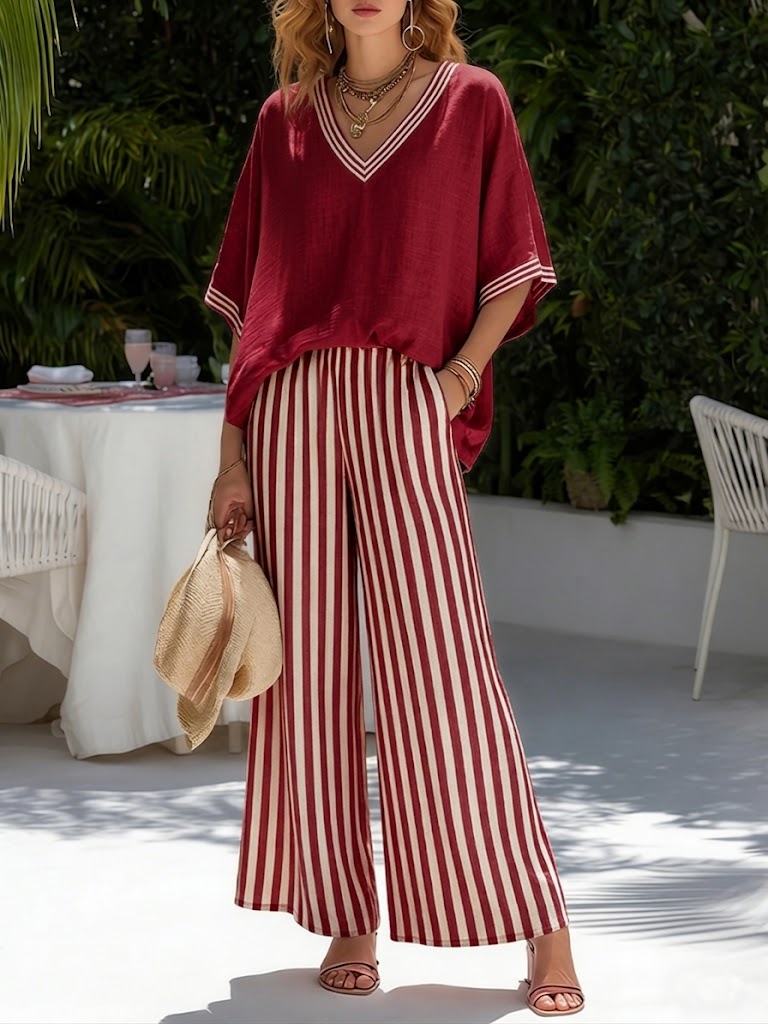 Miraetta | Women's Wide-Leg Linen Striped V-Neck Top Wide Leg Pants Set — Red