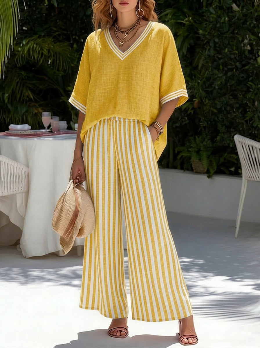 Miraetta | Women's Wide-Leg Linen Striped V-Neck Top Wide Leg Pants Set — Yellow