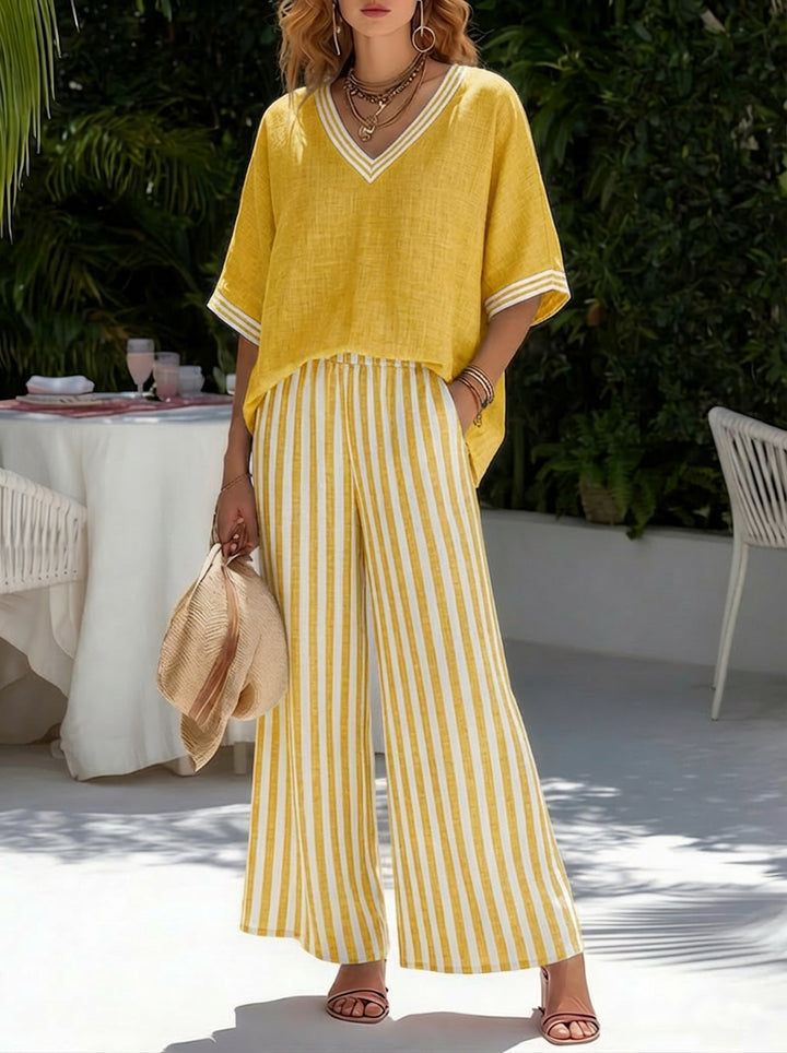 Miraetta | Women's Wide-Leg Linen Striped V-Neck Top Wide Leg Pants Set — Yellow