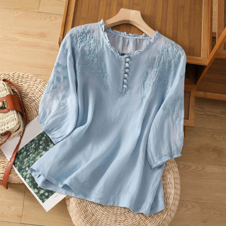 Miraisse | Women's Relaxed Casual Floral Embroidered Blouse With Button Front — Blue