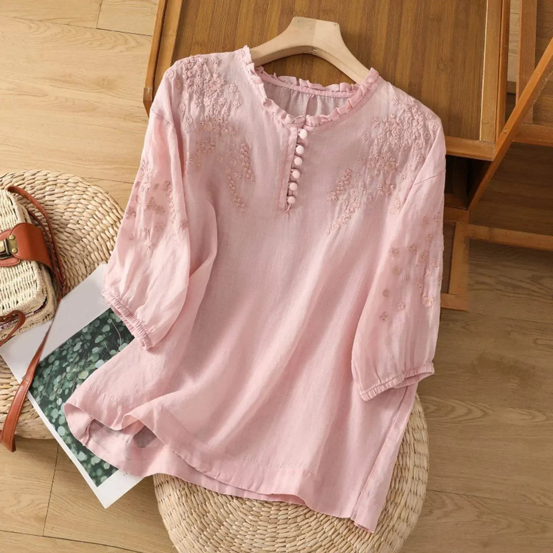 Miraisse | Women's Relaxed Casual Floral Embroidered Blouse With Button Front — Pink