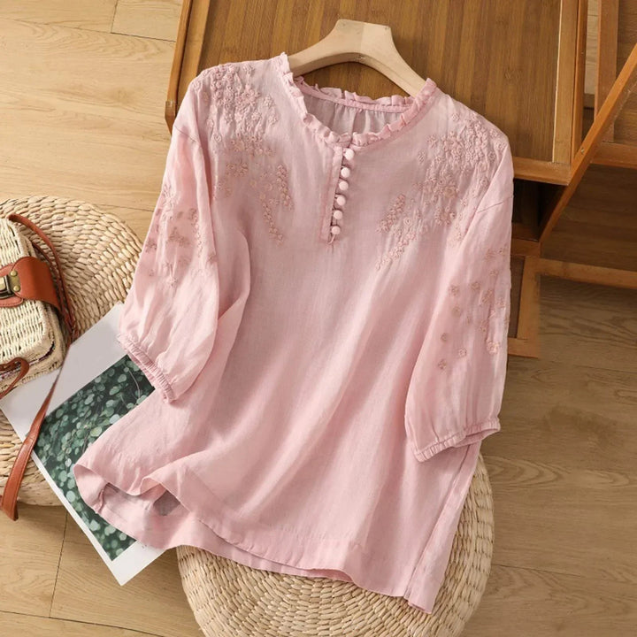 Miraisse | Women's Relaxed Casual Floral Embroidered Blouse With Button Front — Pink