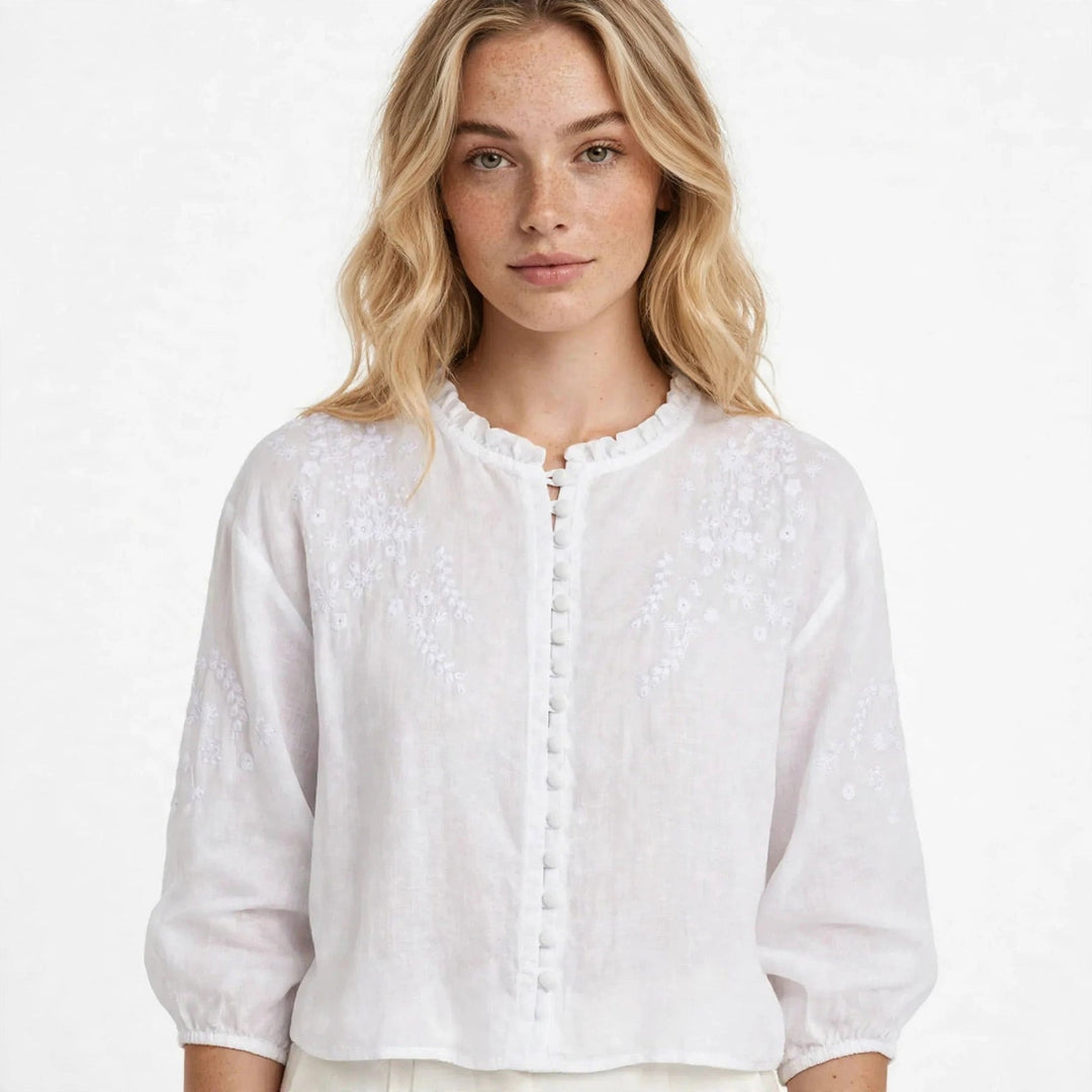 Miraisse | Women's Relaxed Casual Floral Embroidered Blouse With Button Front — White