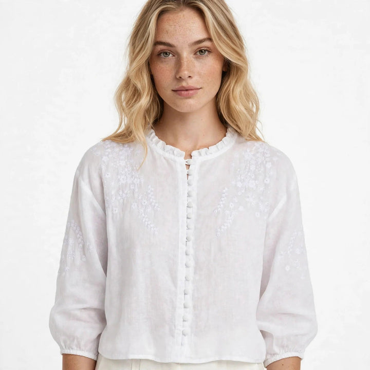 Miraisse | Women's Relaxed Casual Floral Embroidered Blouse With Button Front — White