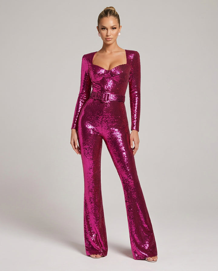 Naima | Women's Wide-Leg Elegant Sequin Jumpsuit with Belted Waist — Hot Pink