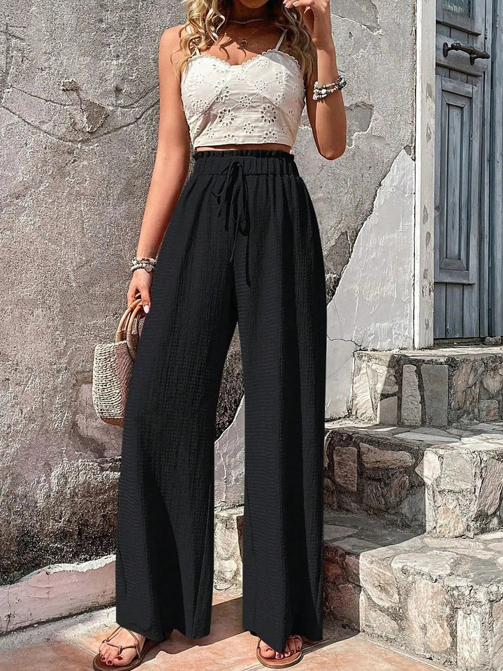 Nerinaine | Women's Relaxed High Waist Wide Leg Pants with Drawstrings Elastic — Black