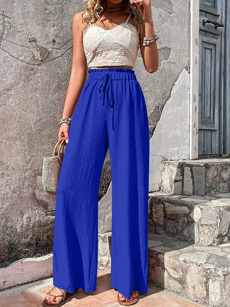 Nerinaine | Women's Relaxed High Waist Wide Leg Pants with Drawstrings Elastic — Blue