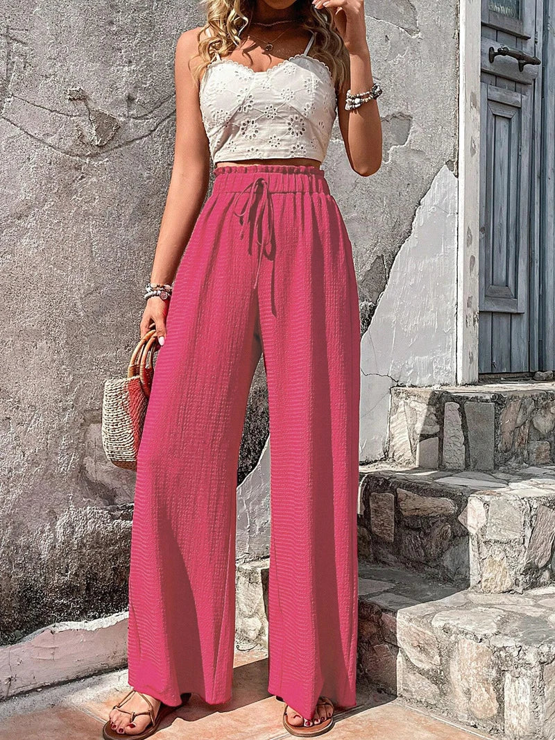 Nerinaine | Women's Relaxed High Waist Wide Leg Pants with Drawstrings Elastic — Pink