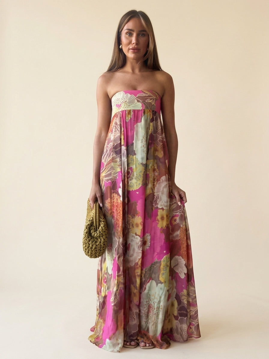 Nerinwen | Women's Elegant Floral Strapless Maxi Dress — Floral Print