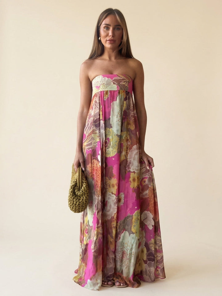 Nerinwen | Women's Elegant Floral Strapless Maxi Dress — Floral Print