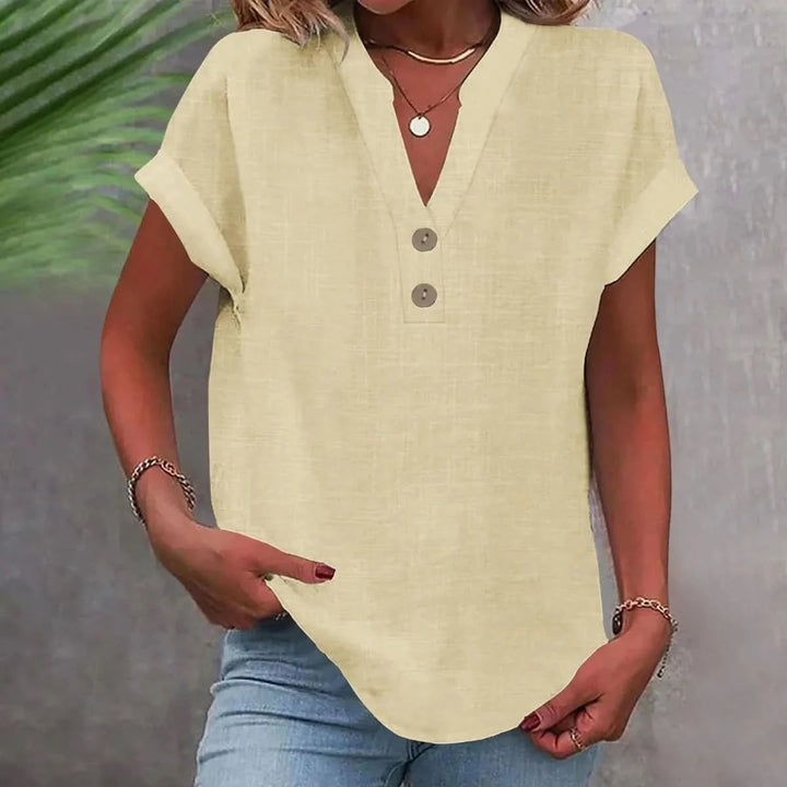 Ninoneen | Women's Casual Breathable Linen V-Neck Top — Blouse — Beige