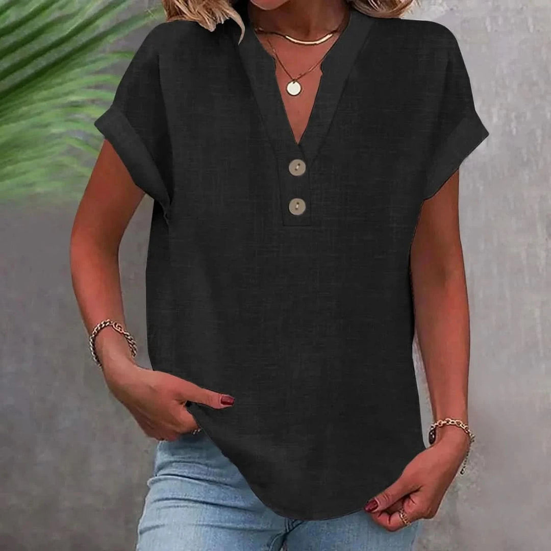 Ninoneen | Women's Casual Breathable Linen V-Neck Top — Blouse — Black