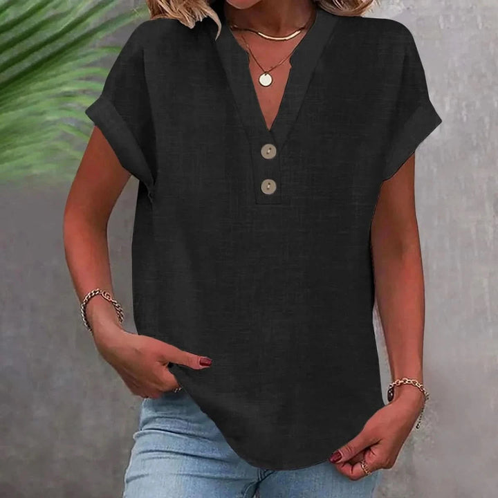 Ninoneen | Women's Casual Breathable Linen V-Neck Top — Blouse — Black