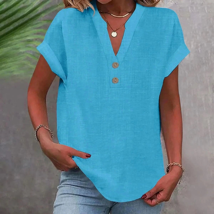 Ninoneen | Women's Casual Breathable Linen V-Neck Top — Blouse — Blue