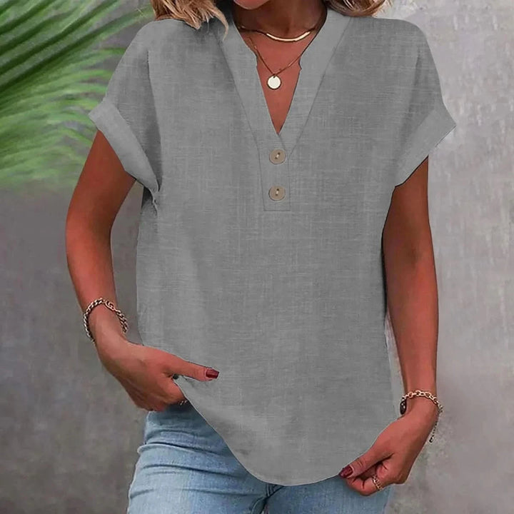 Ninoneen | Women's Casual Breathable Linen V-Neck Top — Blouse — Gray