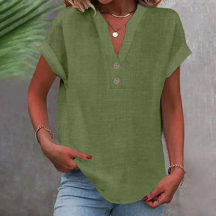 Ninoneen | Women's Casual Breathable Linen V-Neck Top — Blouse — Green
