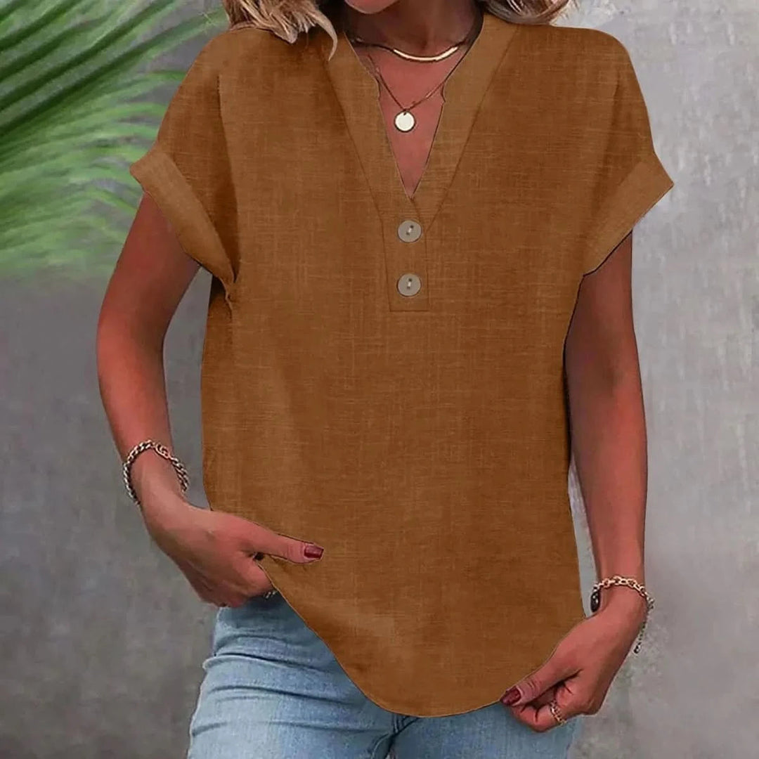 Ninoneen | Women's Casual Breathable Linen V-Neck Top — Blouse — Khaki