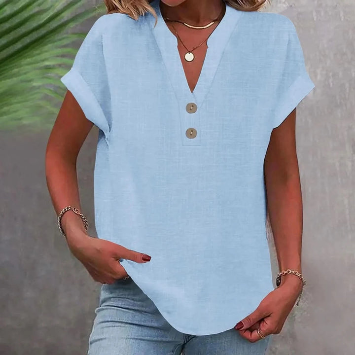 Ninoneen | Women's Casual Breathable Linen V-Neck Top — Blouse — Light Blue