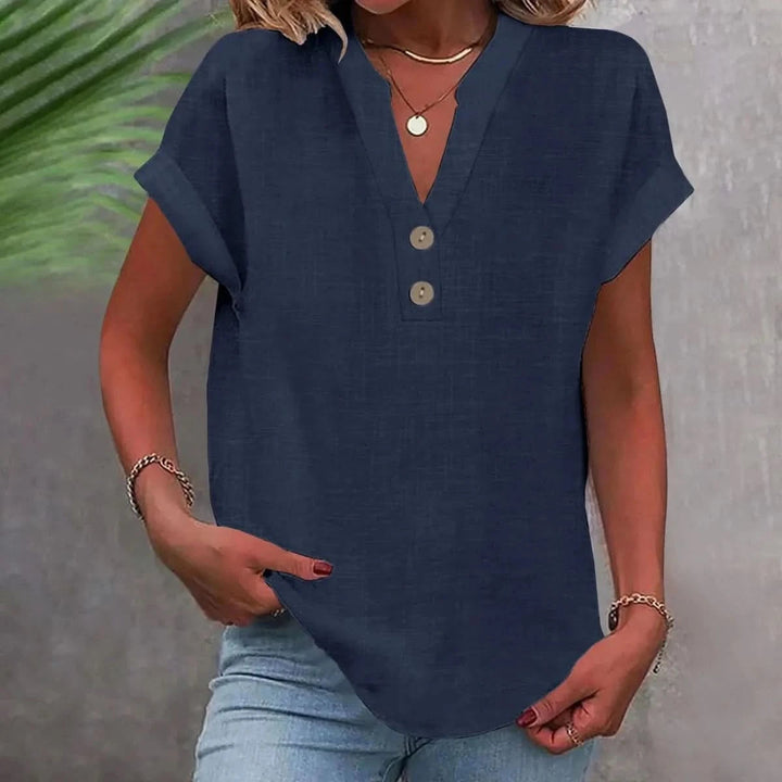 Ninoneen | Women's Casual Breathable Linen V-Neck Top — Blouse — Navy