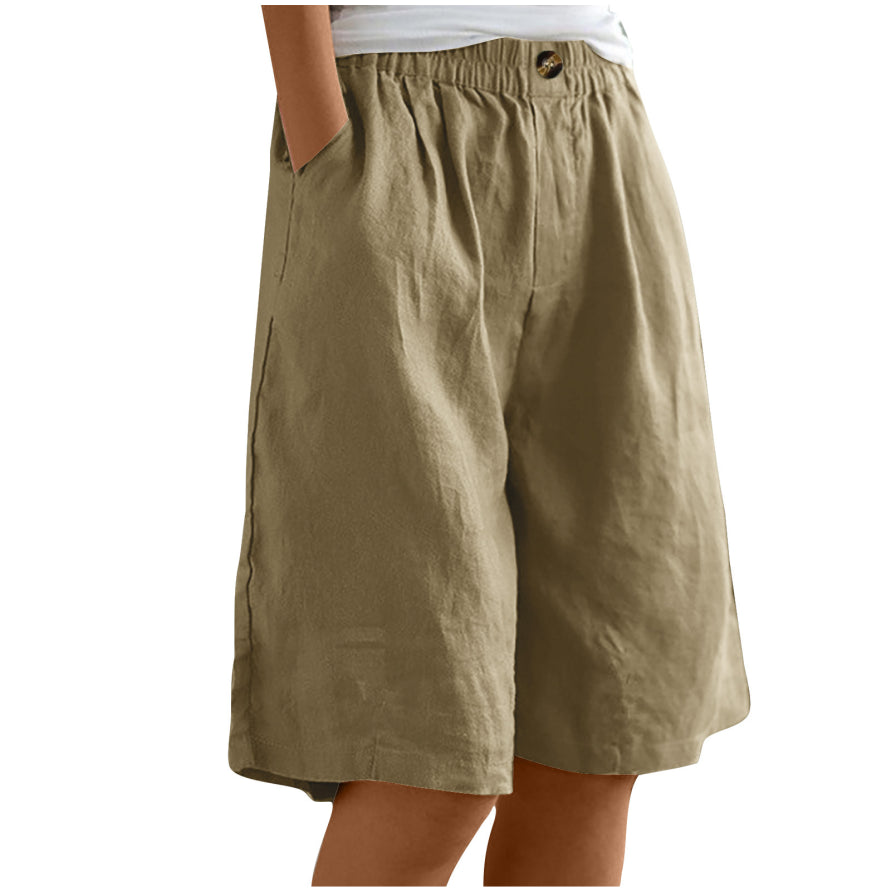 Nora | Women's Denim High-Waist Comfort Knee-Length Waist Shorts for — Khaki
