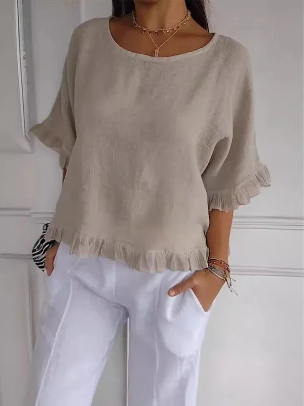 Novacine | Women's Casual Relaxed Round Neck Linen Blouse — Beige